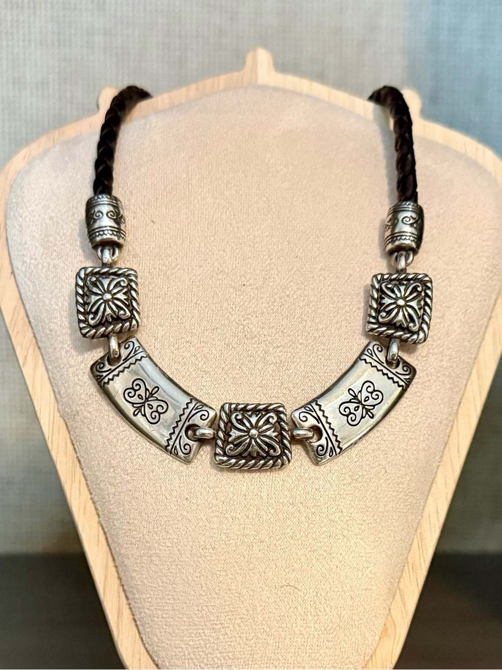 Brighton Butterfly Etched Black Leather Statement Necklace